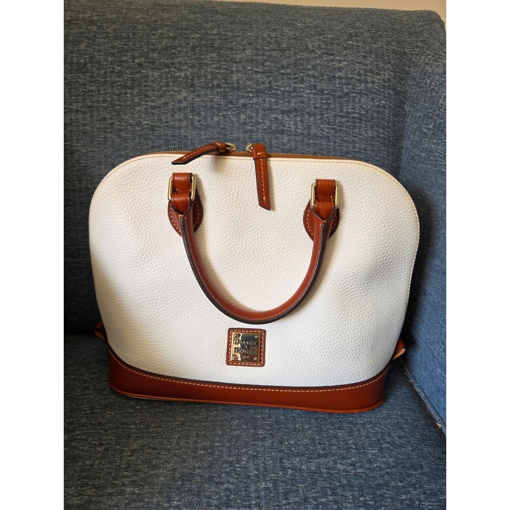 Dooney & Bourke Off-White & Brown Pebbled Leather "Zip-Zip" Satchel